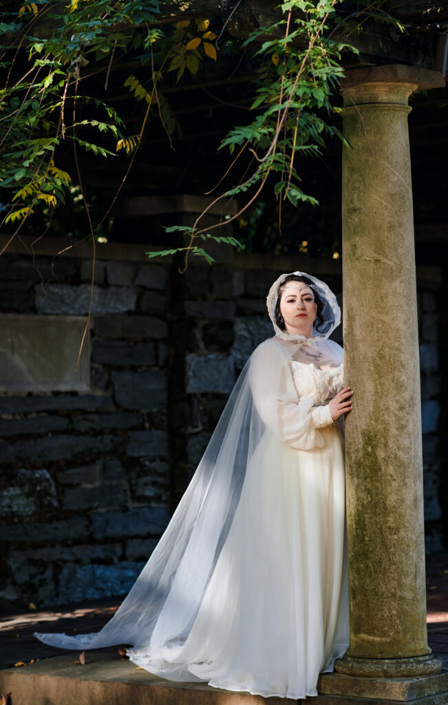 LOTR inspired editorial portrait of bride at Curtis Arboretum