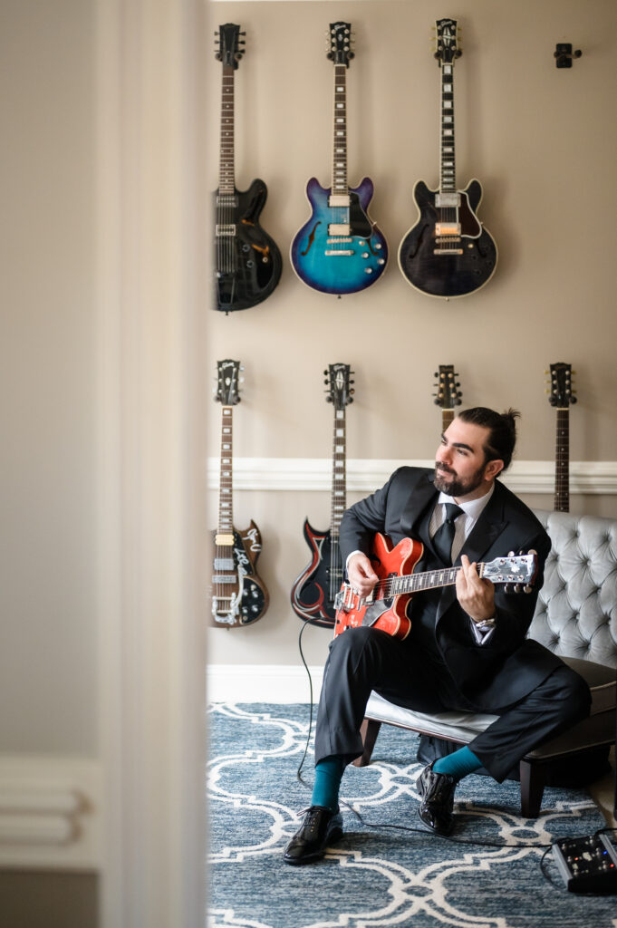 Groom getting ready at home in New Hope Pennsylvania